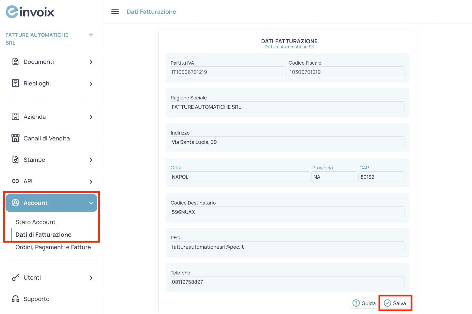 Guida Einvoix | Dati Fatturazione