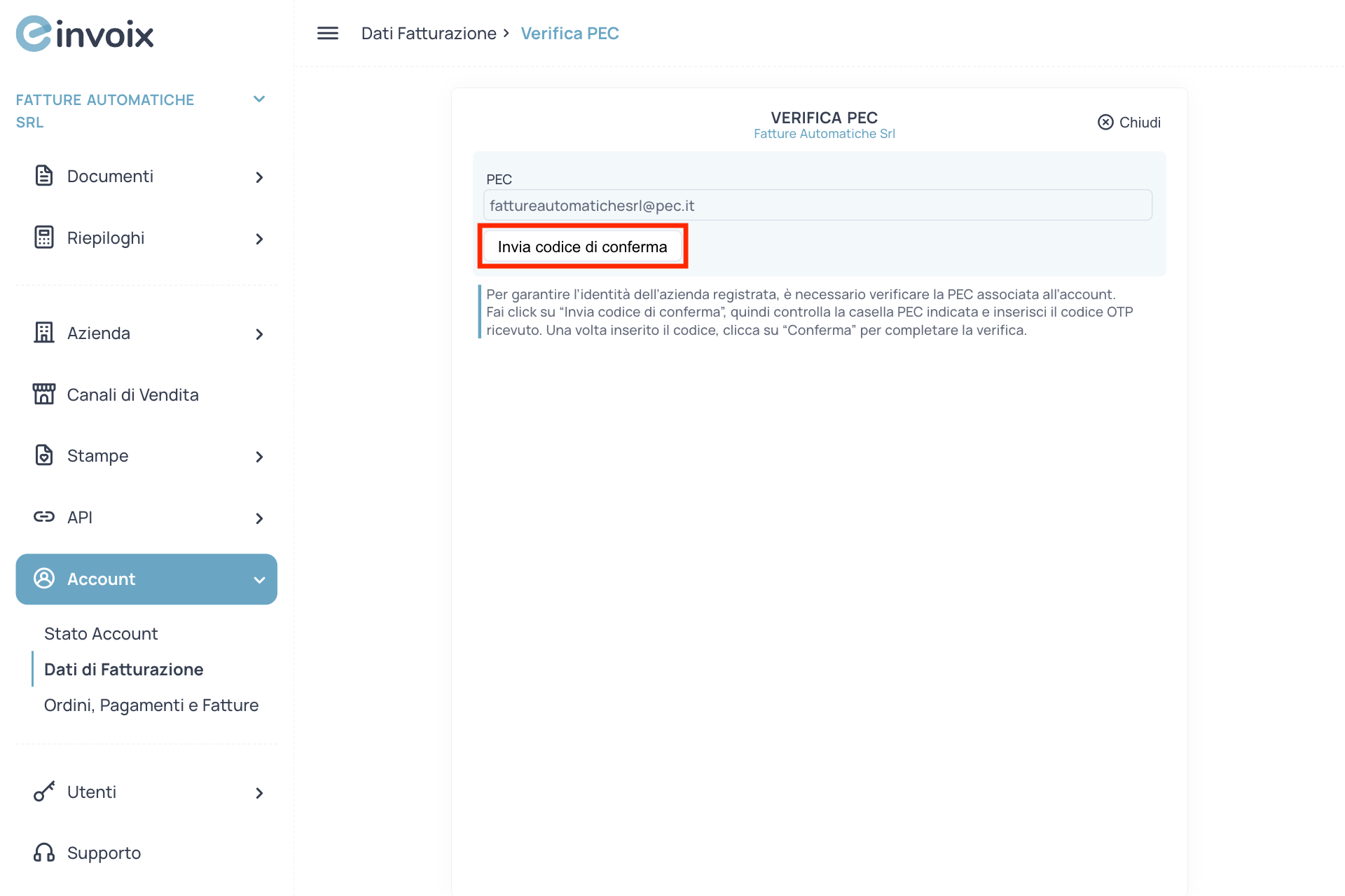Guida Einvoix | Modifica PEC