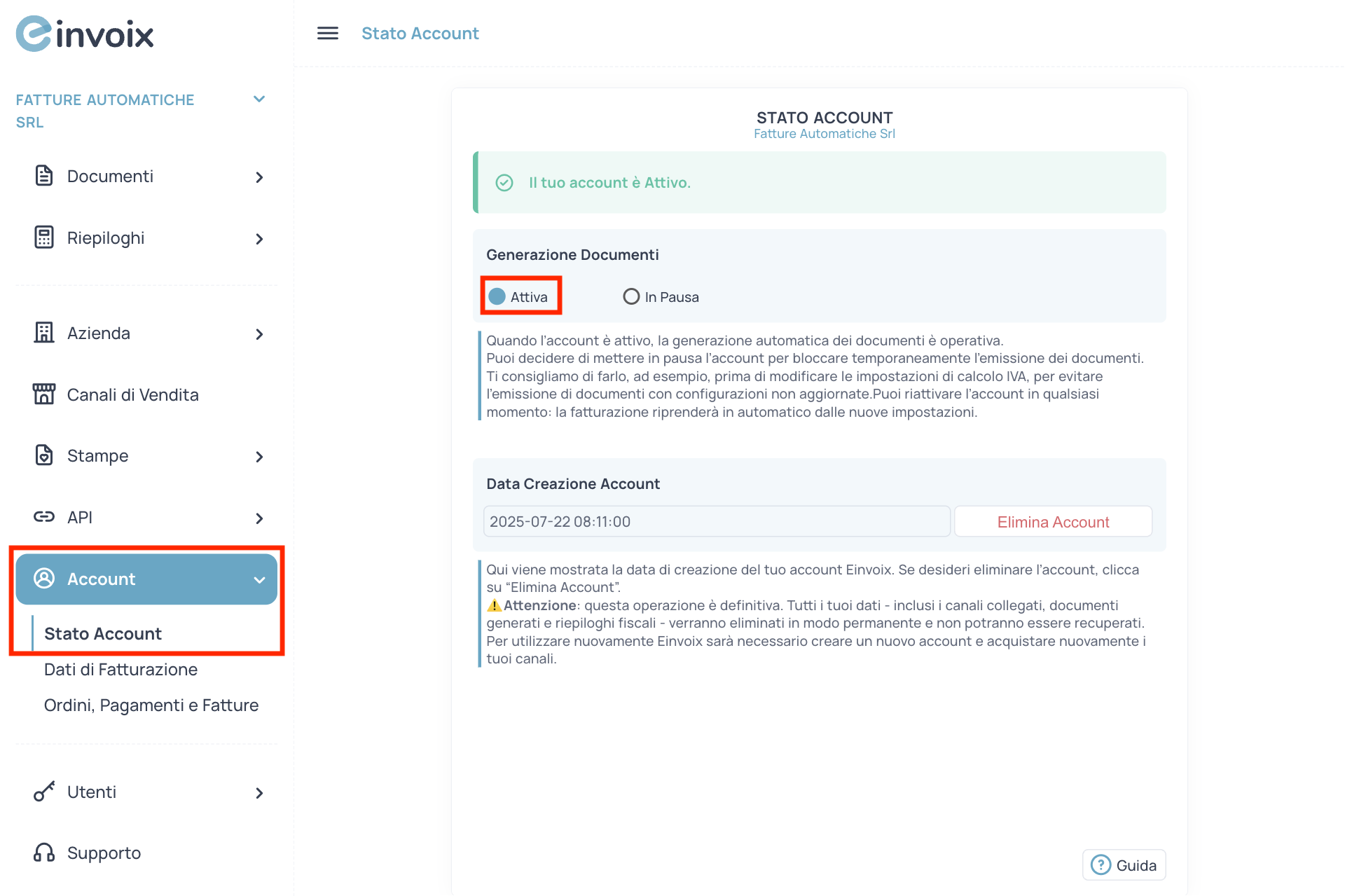 Guida Einvoix | Verifica Stato Account