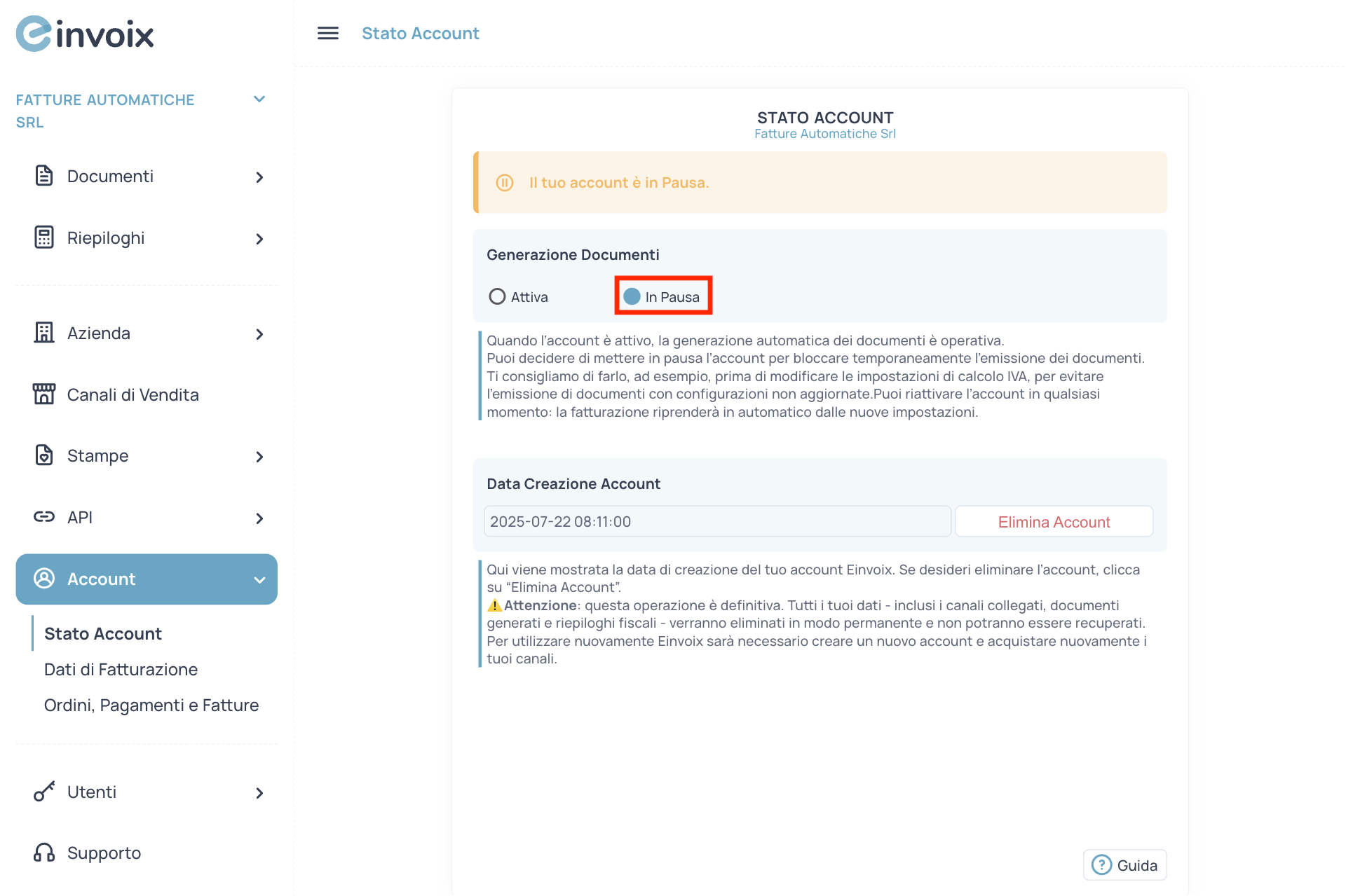 Guida Einvoix | Account in Pausa