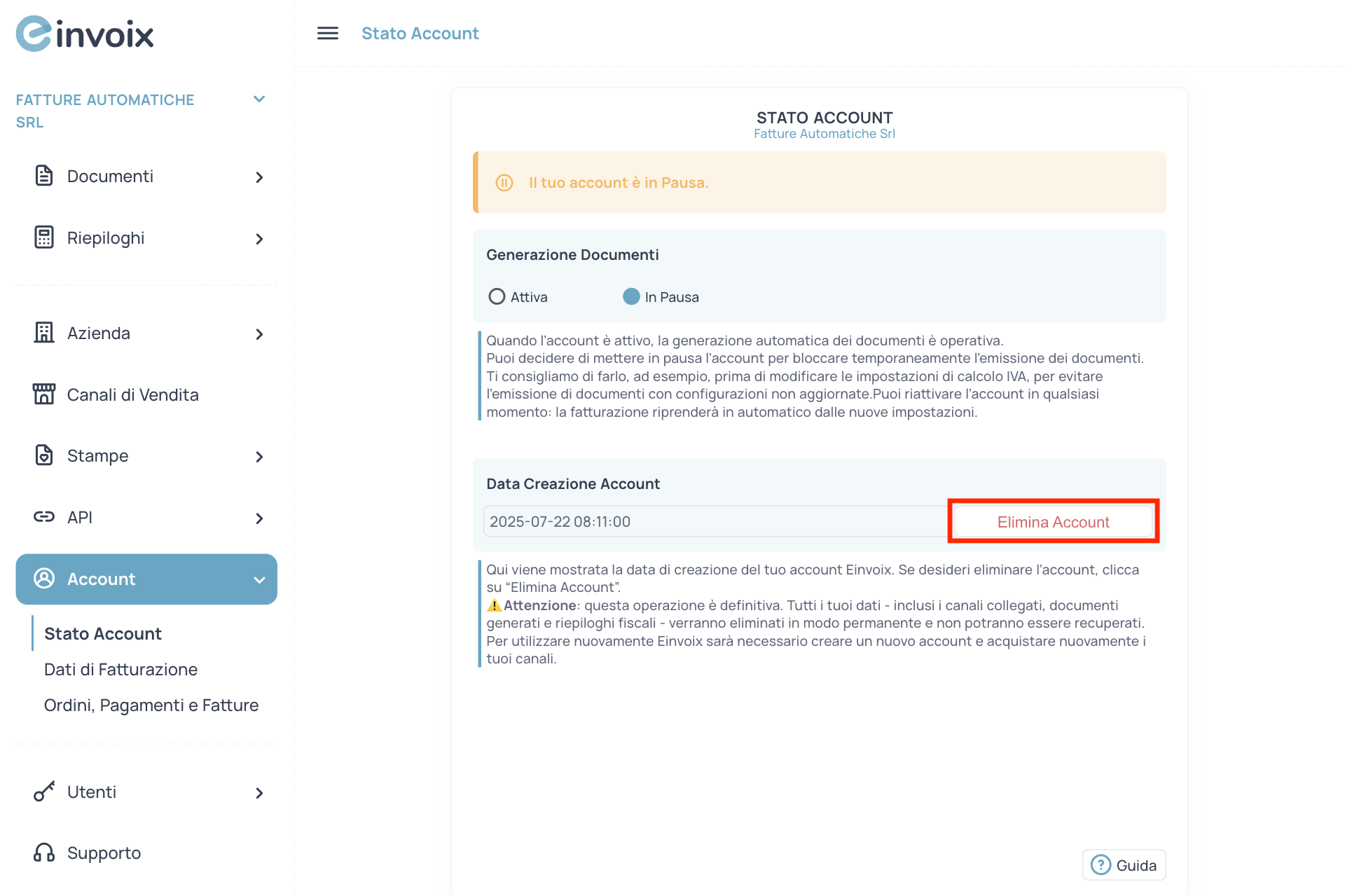Guida Einvoix | Elimina Account