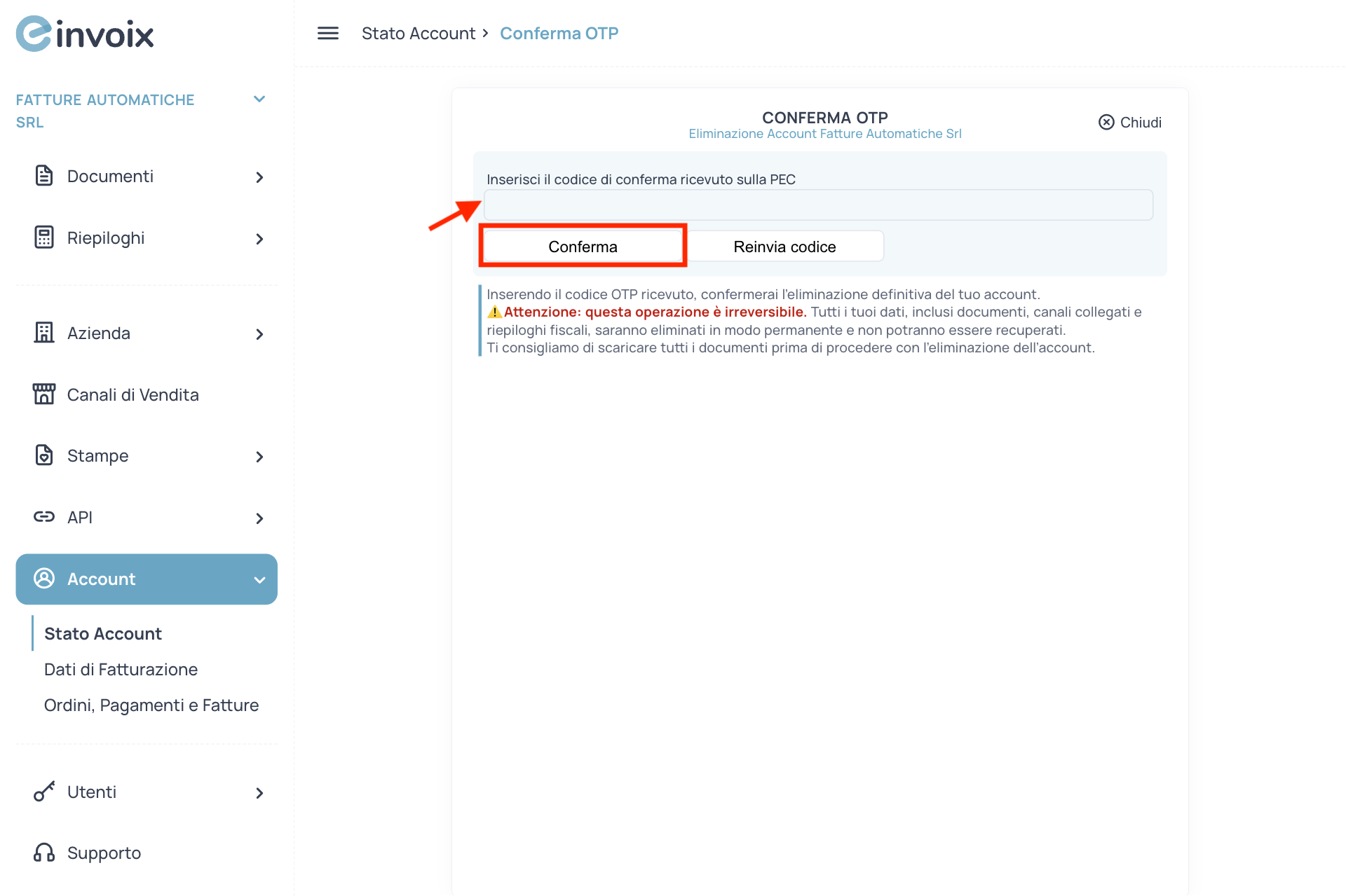 Guida Einvoix | Conferma PEC Elimina Account