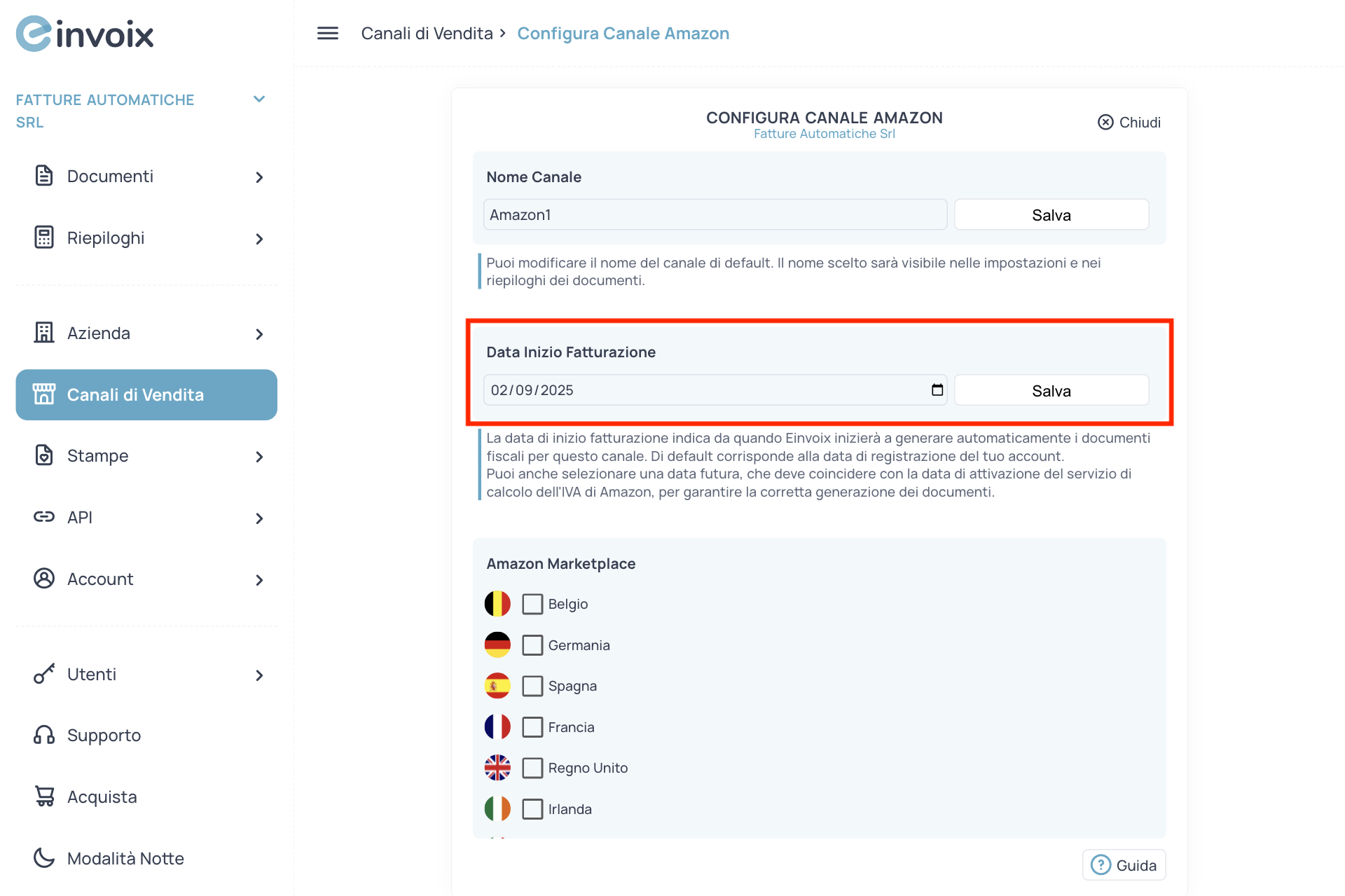 Guida Einvoix | Data Inizio Fatturazione Amazon