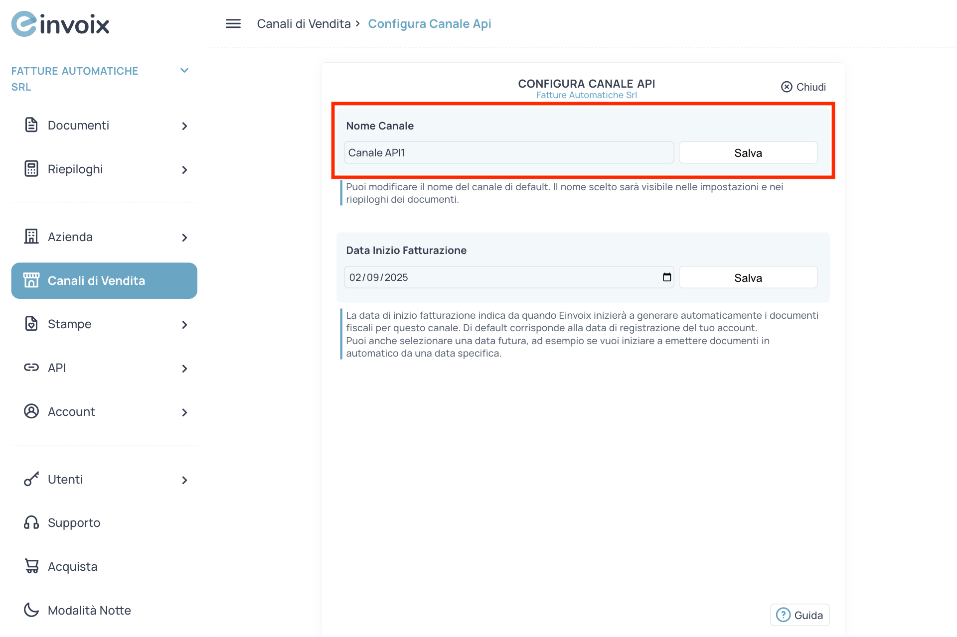 Guida Einvoix | Nome Canale API