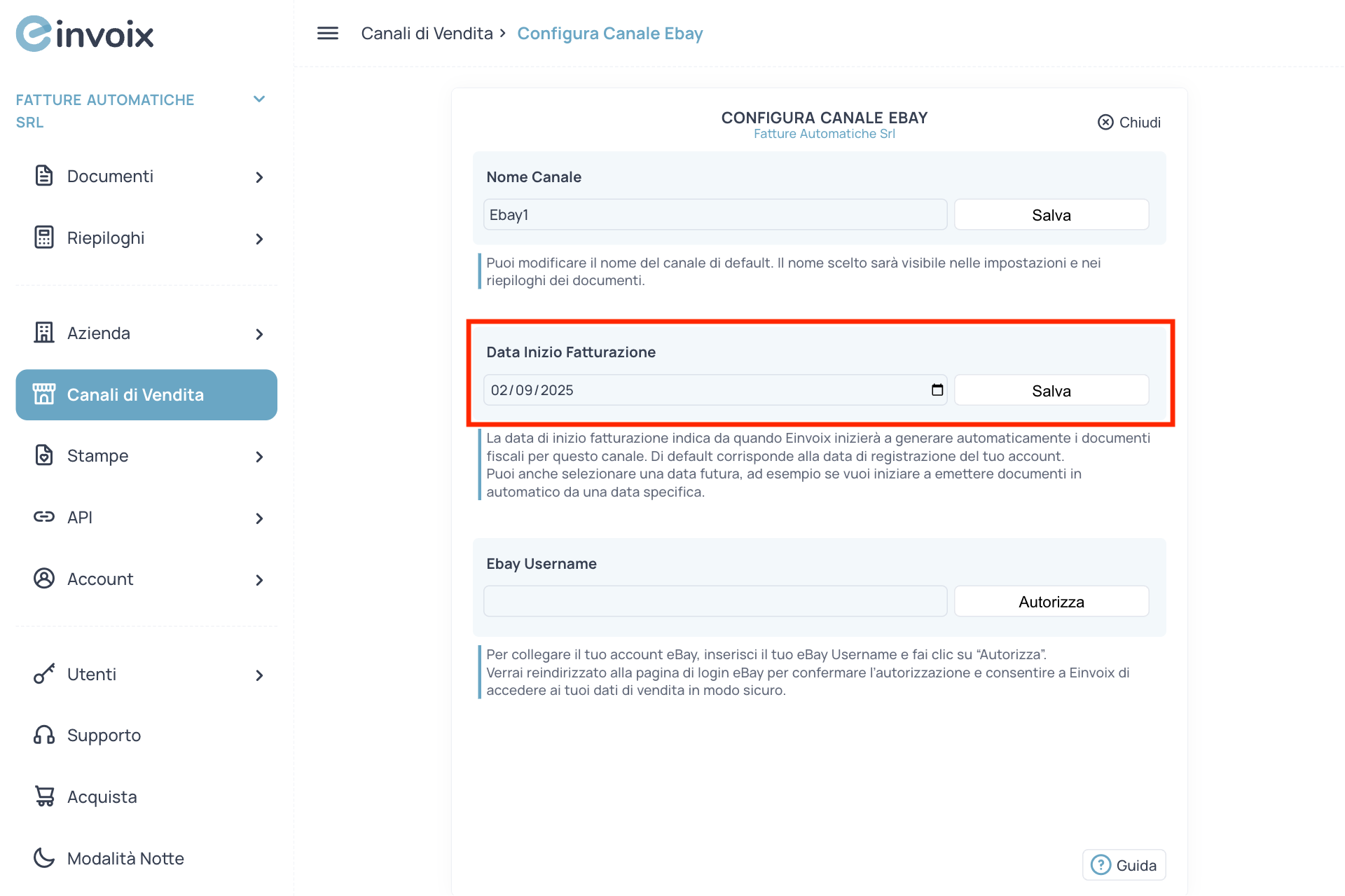 Guida Einvoix | Data Inizio Fatturazione eBay