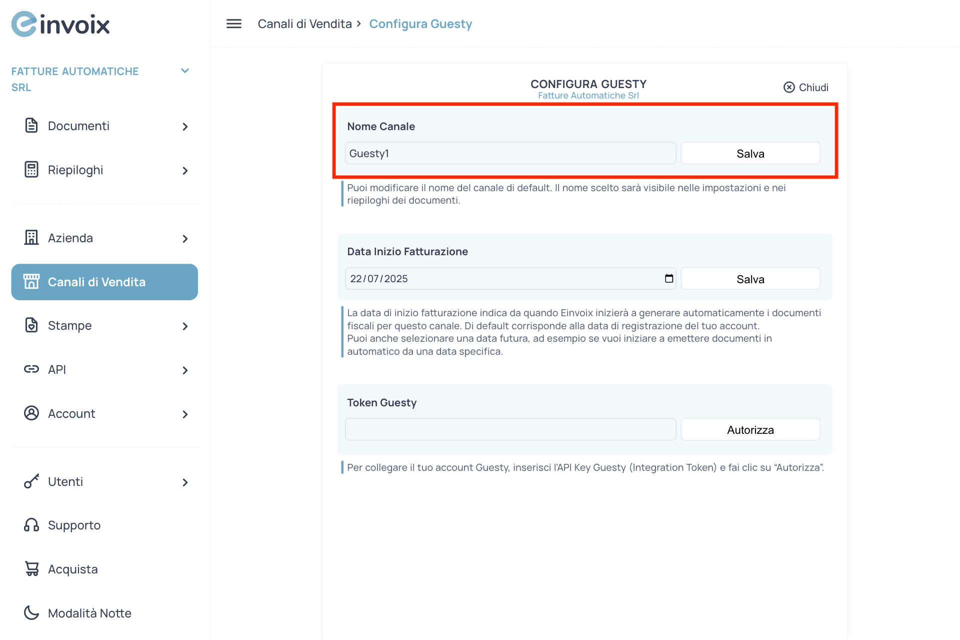 Guida Einvoix | Nome Canale Guesty