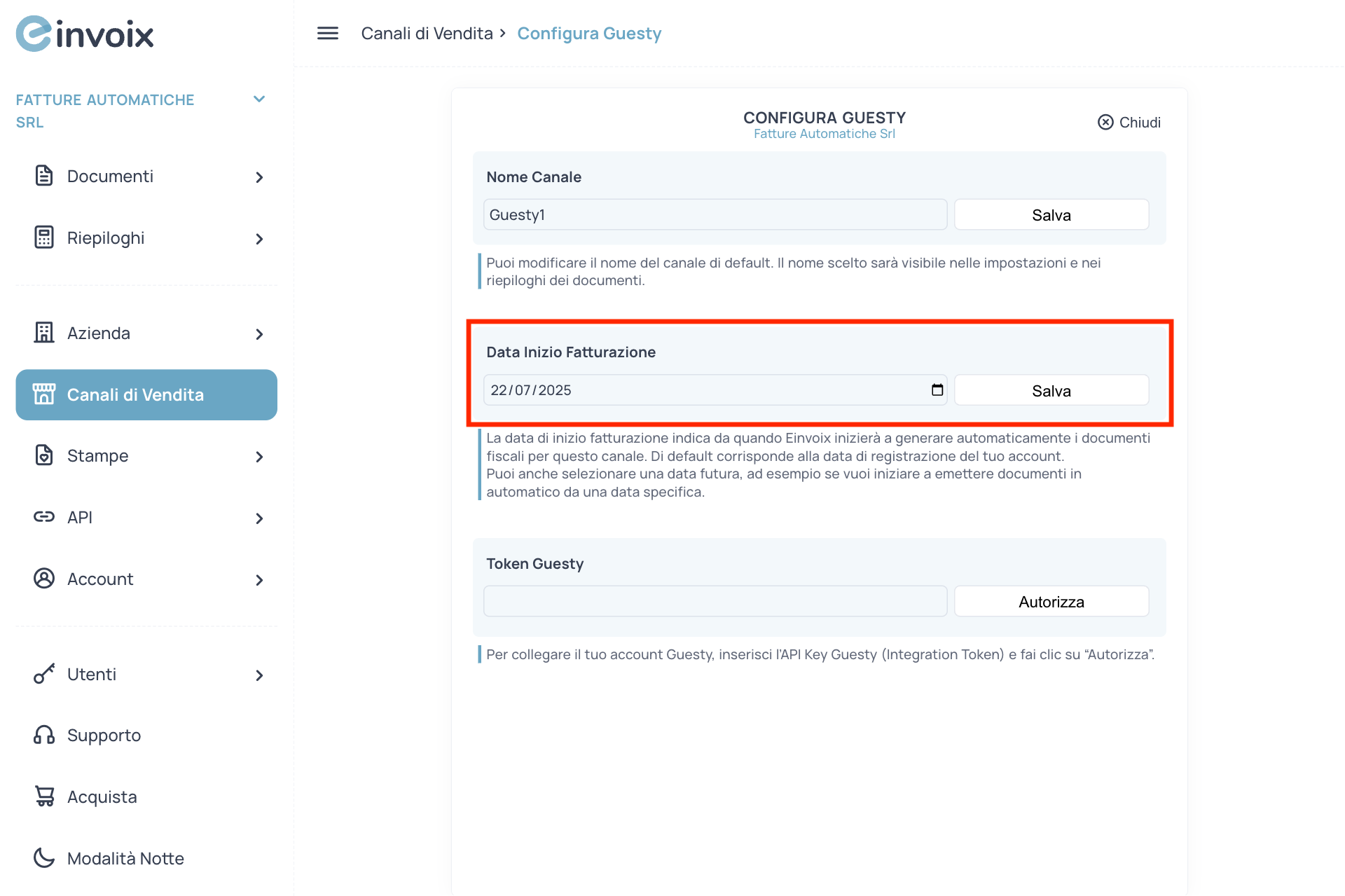 Guida Einvoix | Data Inizio Fatturazione Guesty