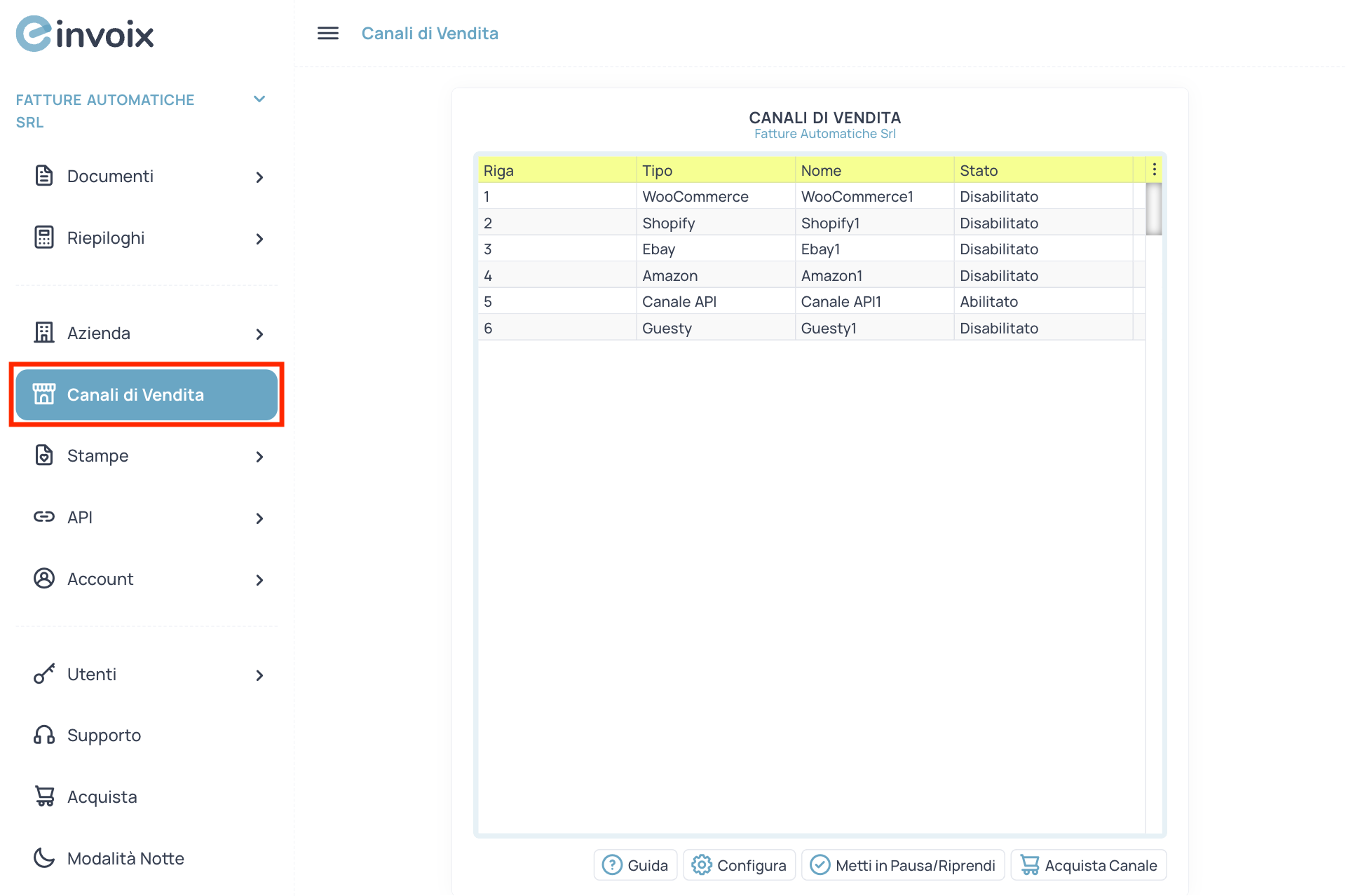 Guida Einvoix | Lista Canali
