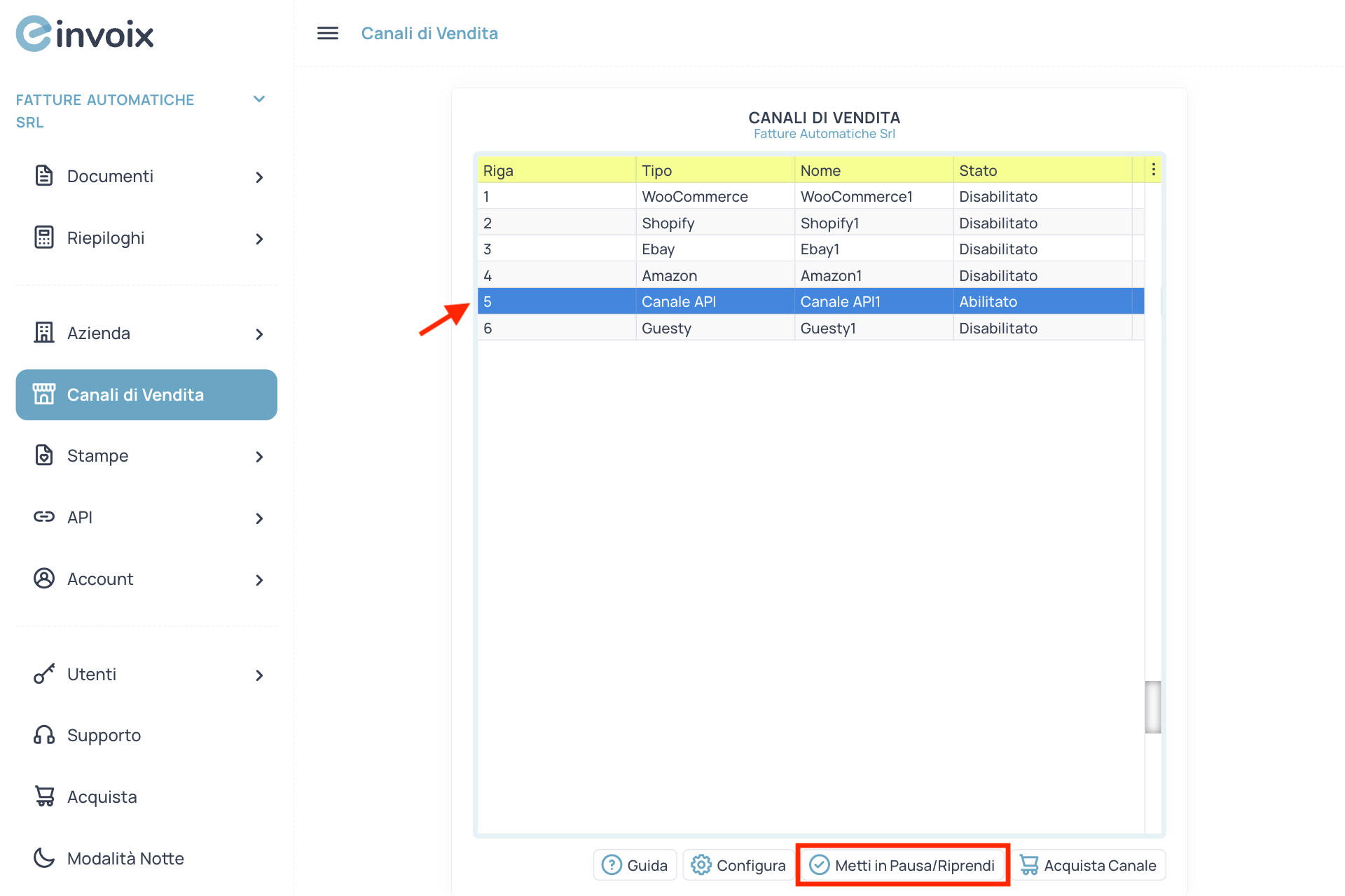 Guida Einvoix | Metti in Pausa un Canale