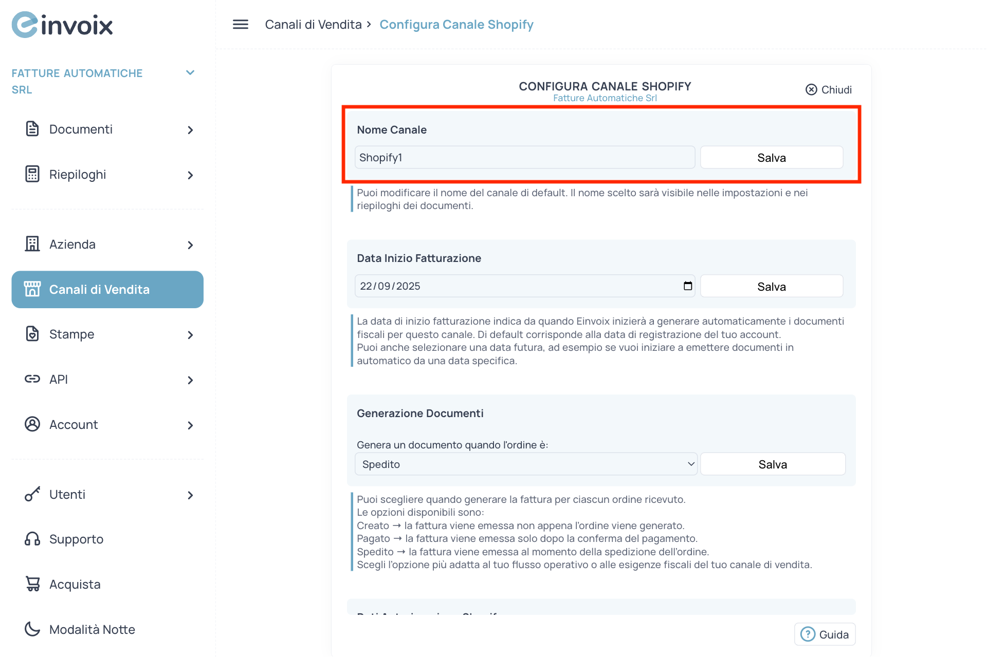 Guida Einvoix | Nome Canale Shopify