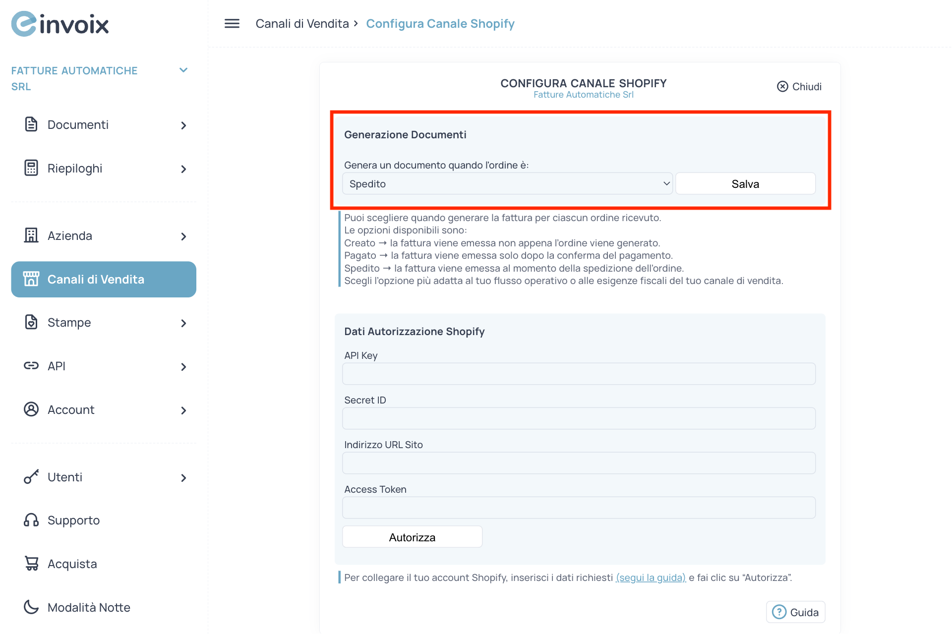Guida Einvoix | Generazione documenti Shopify