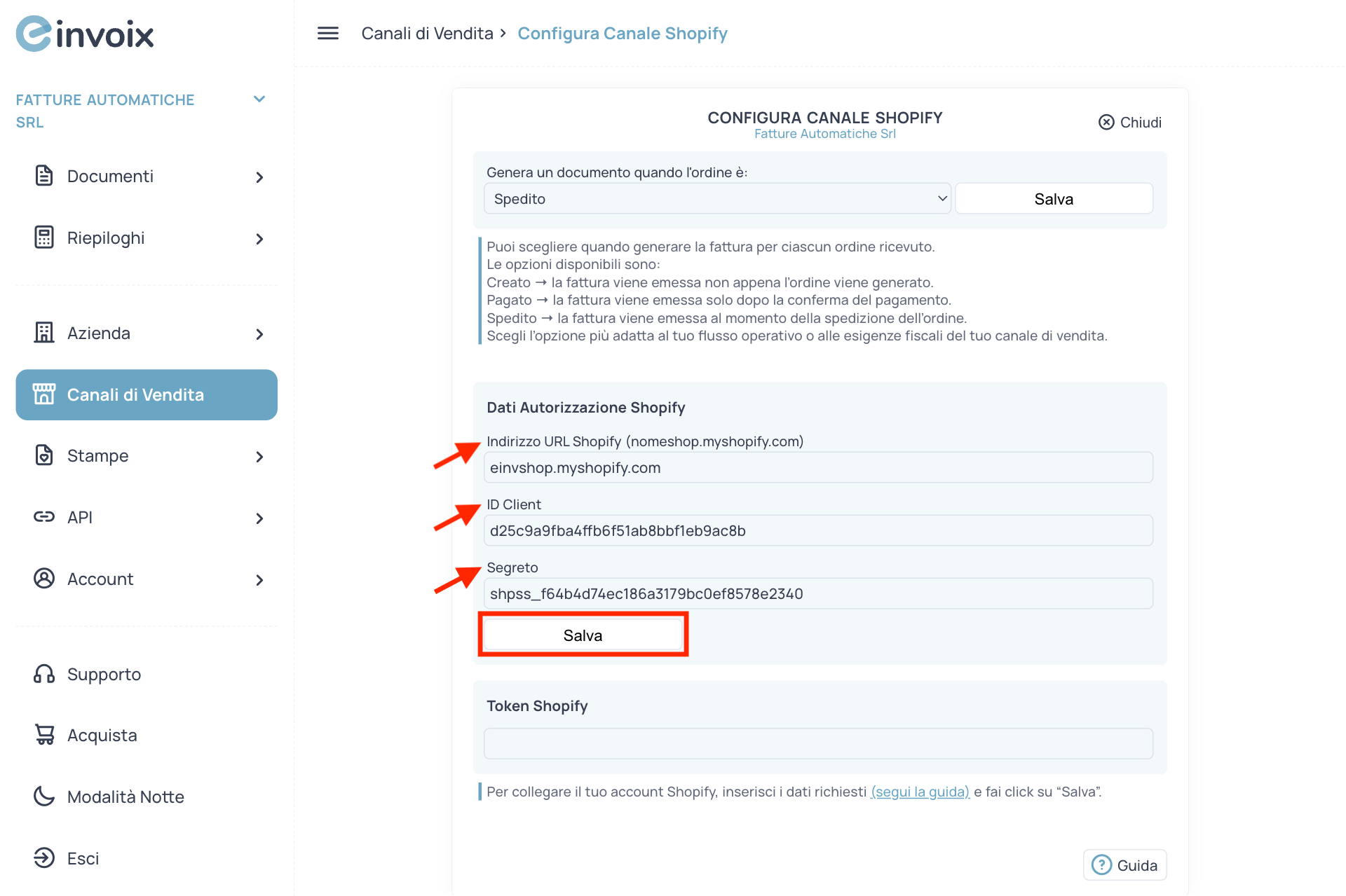 Guida Einvoix | Dati Autorizzazione Shopify