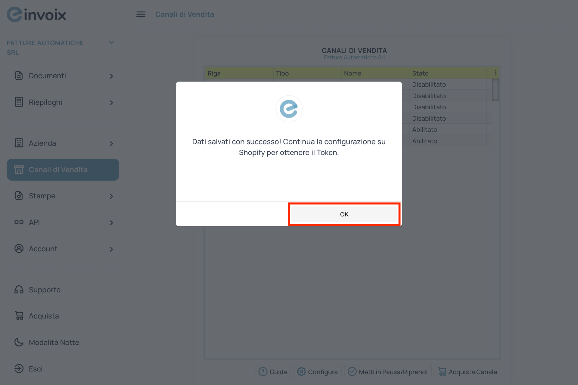 Guida Einvoix | Popup Conferma Dati Autorizzazione Shopify