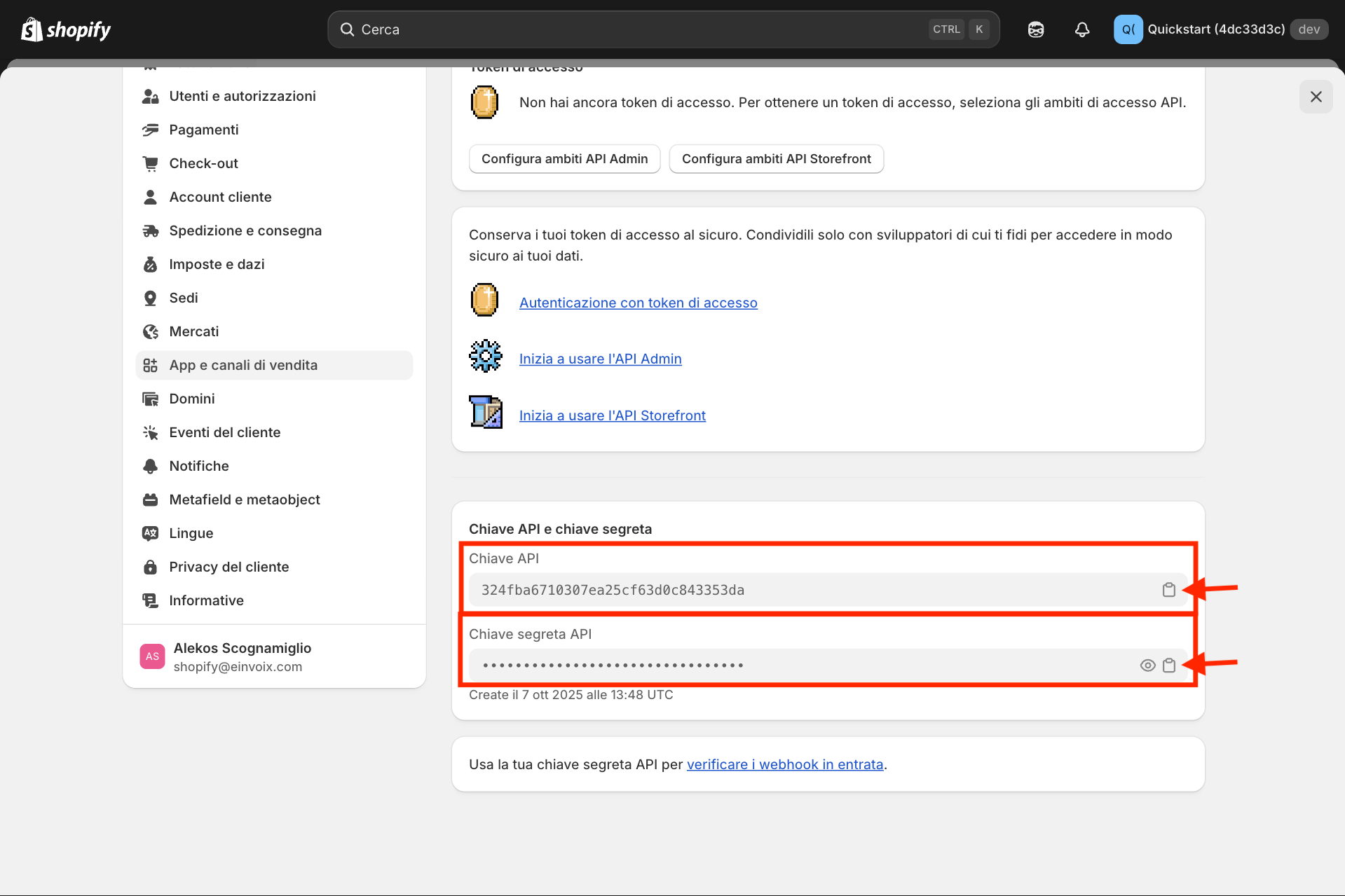 Guida Einvoix | Chiavi API Shopify