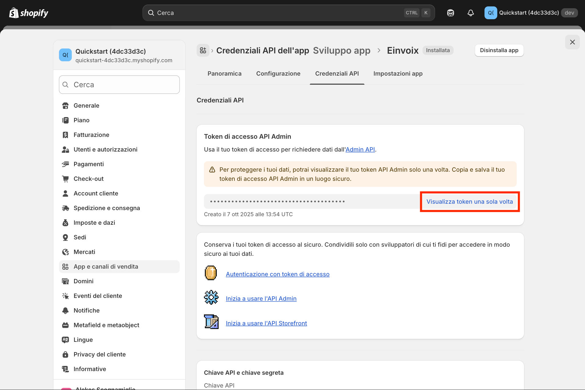 Guida Einvoix | Visualizza Token Shopify