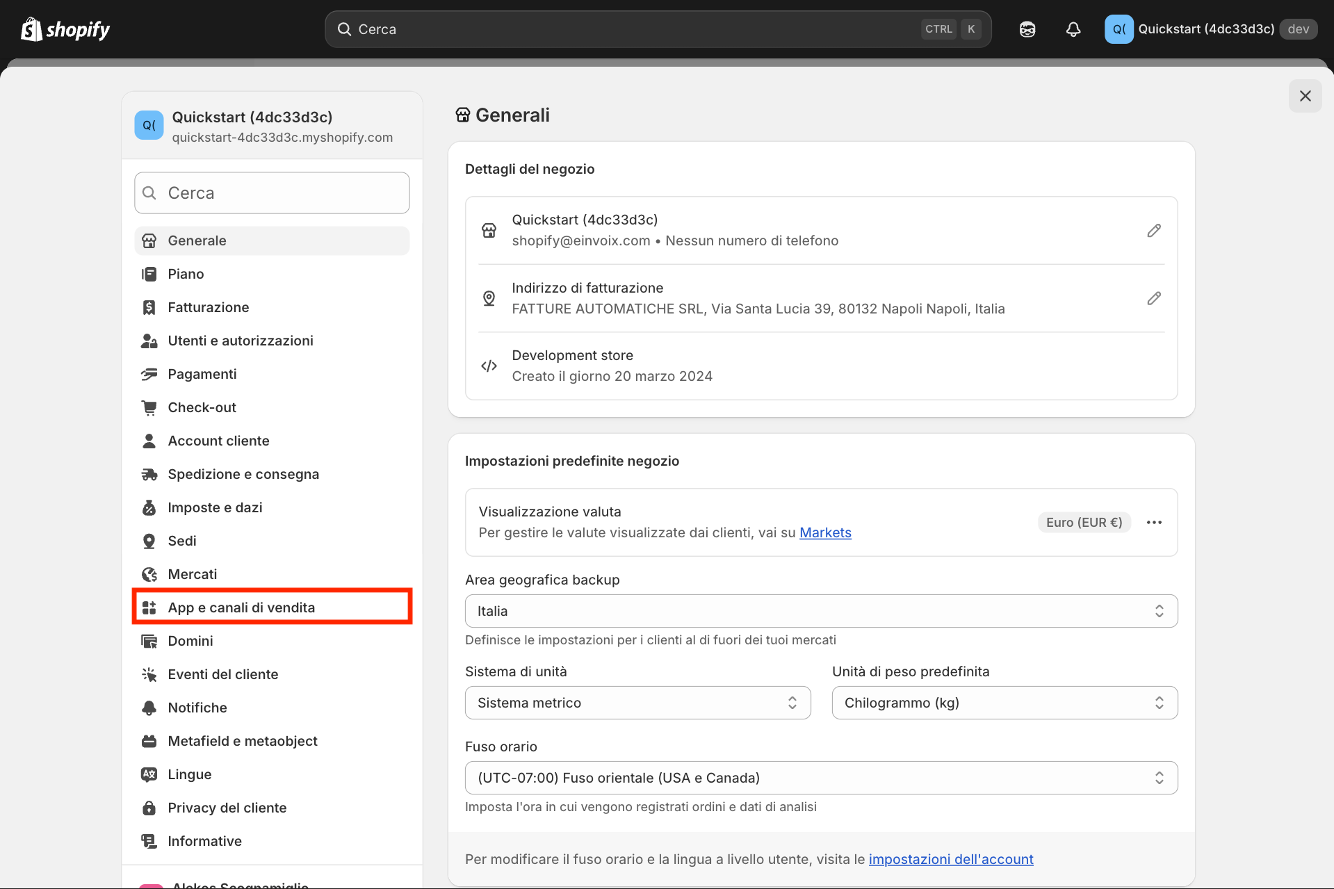 Guida Einvoix | Impostazioni Shopify
