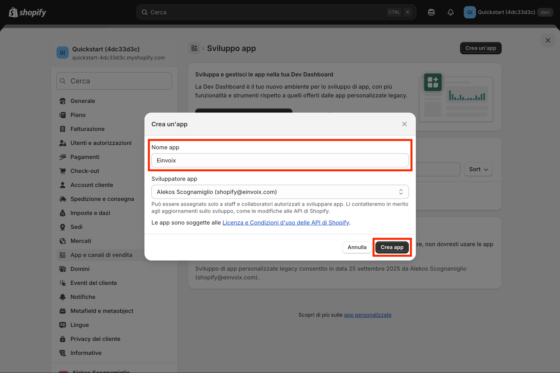 Guida Einvoix | Crea un'app Shopify