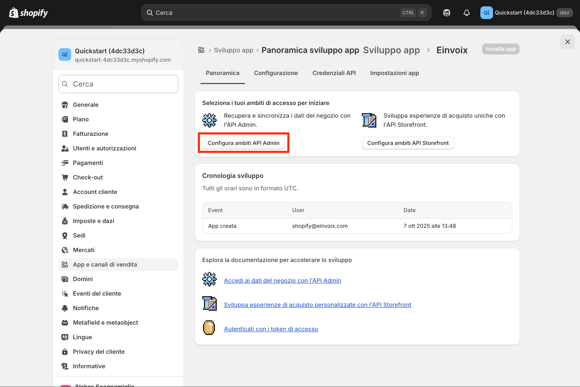Guida Einvoix | Panoramica Sviluppo App Shopify