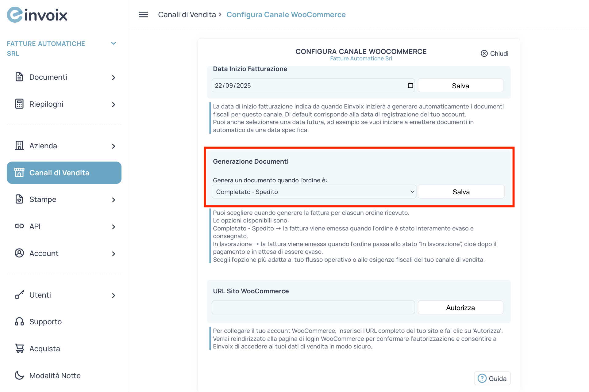 Guida Einvoix | Generazione documenti WooCommerce