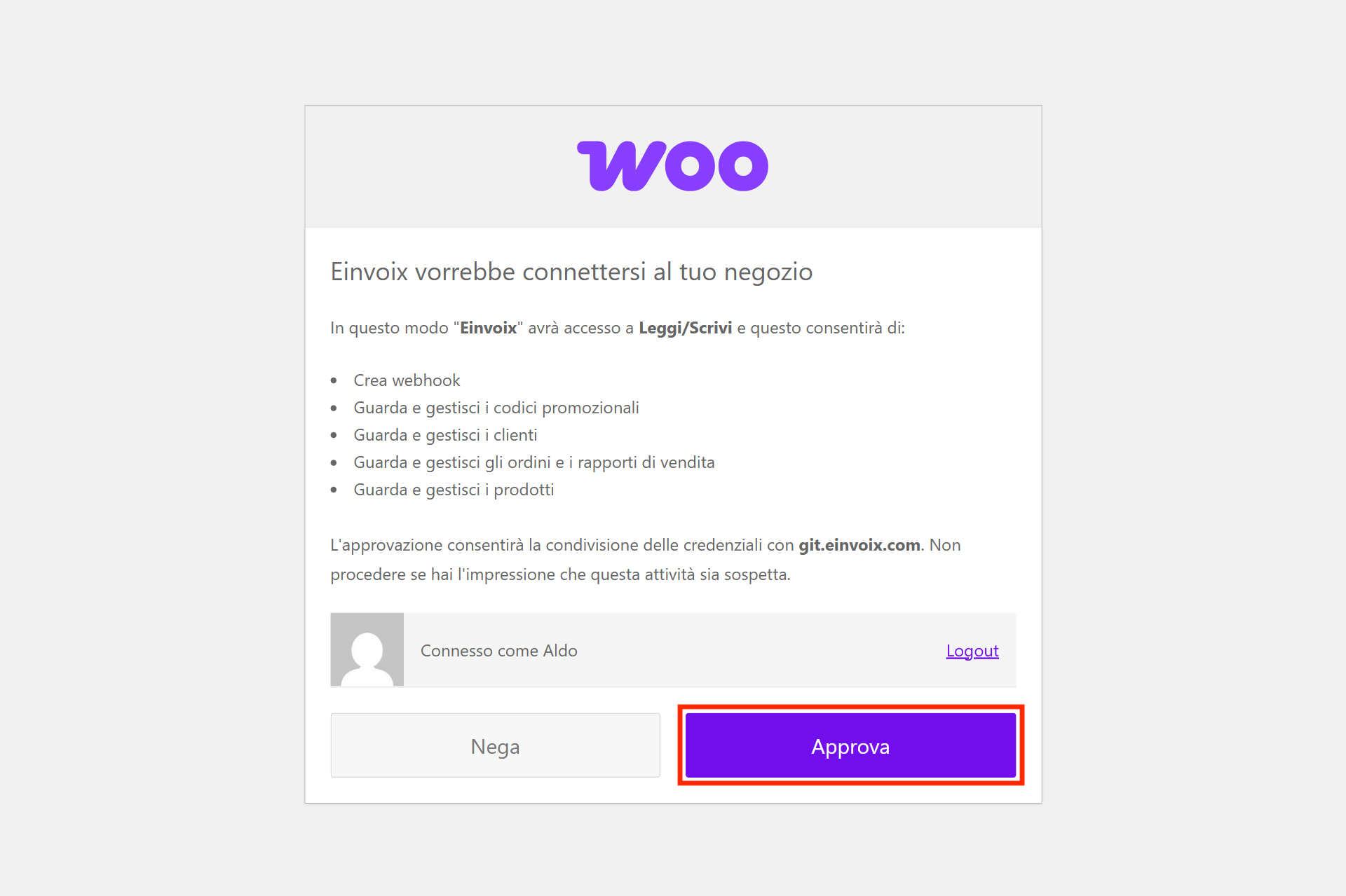 Guida Einvoix | Autorizzazione WooCommerce