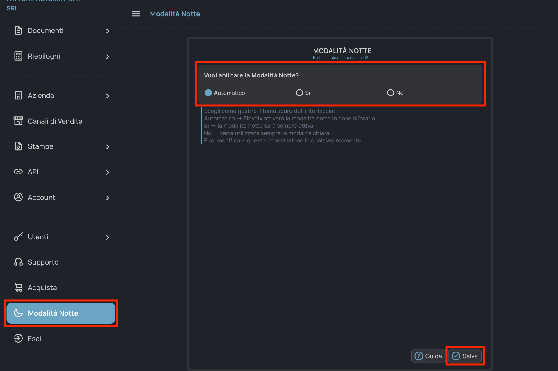 Guida Einvoix | Modalità Notte