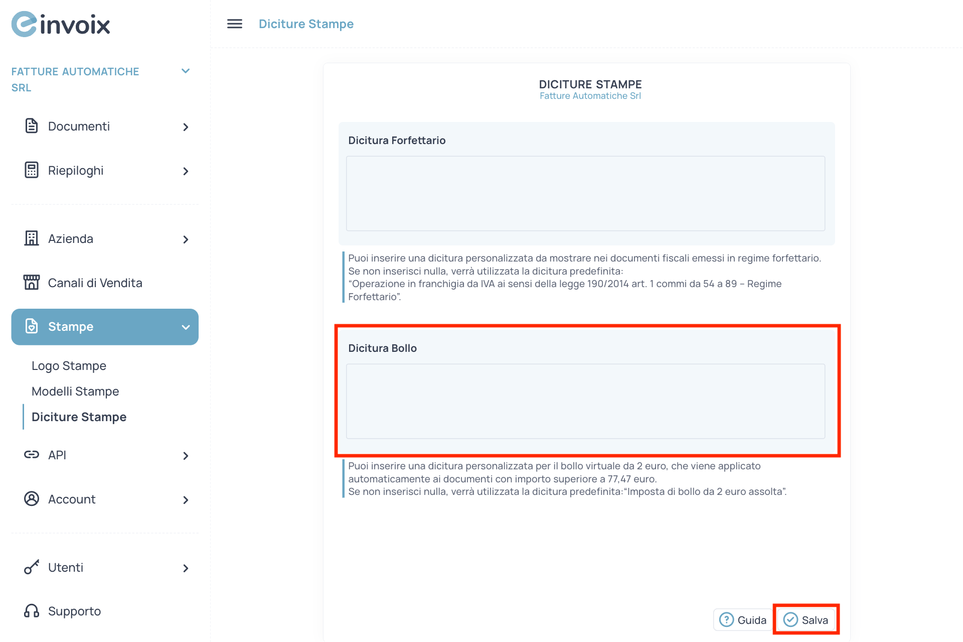 Guida Einvoix | Dicitura Bollo