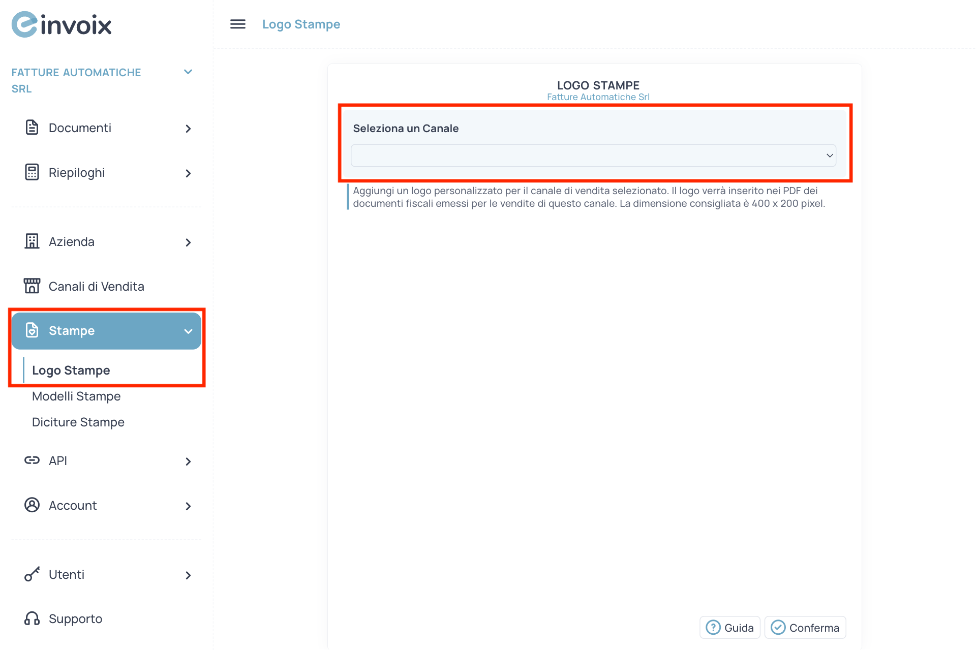 Guida Einvoix | Seleziona Canale Logo Stampe