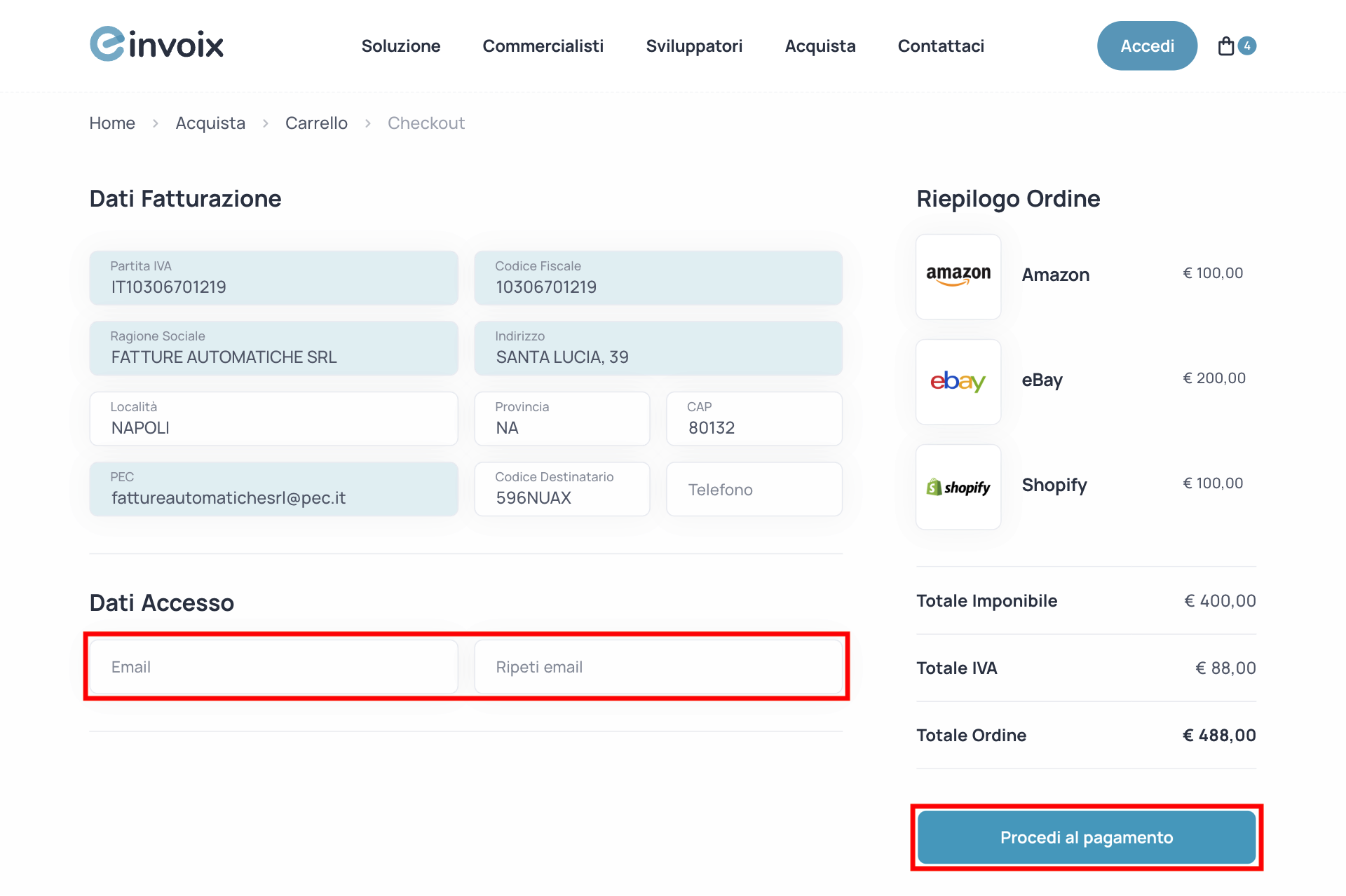 Guida Einvoix | Inserisci i dati di accesso