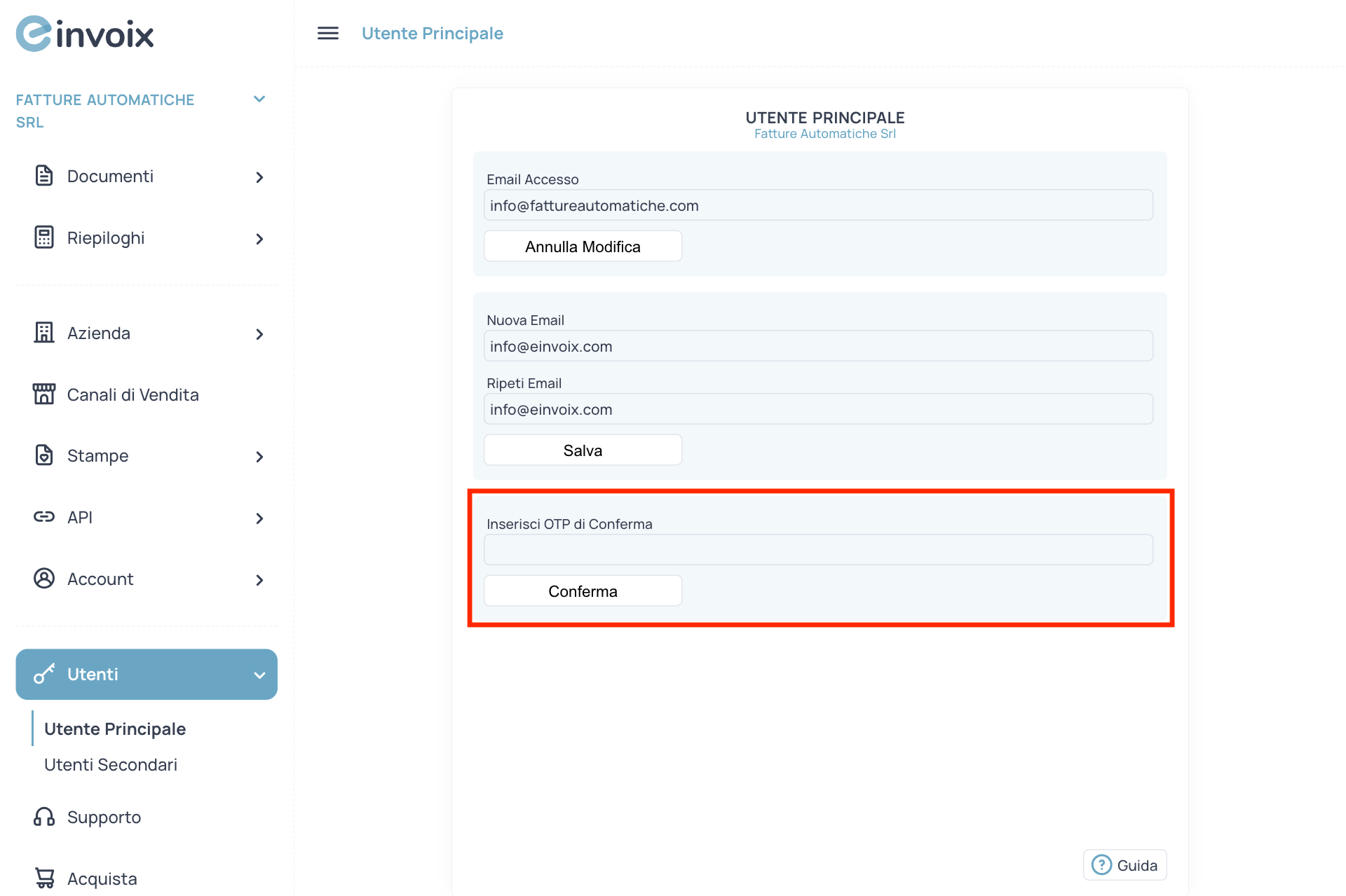 Guida Einvoix | Verifica Nuova Email Utente Principale