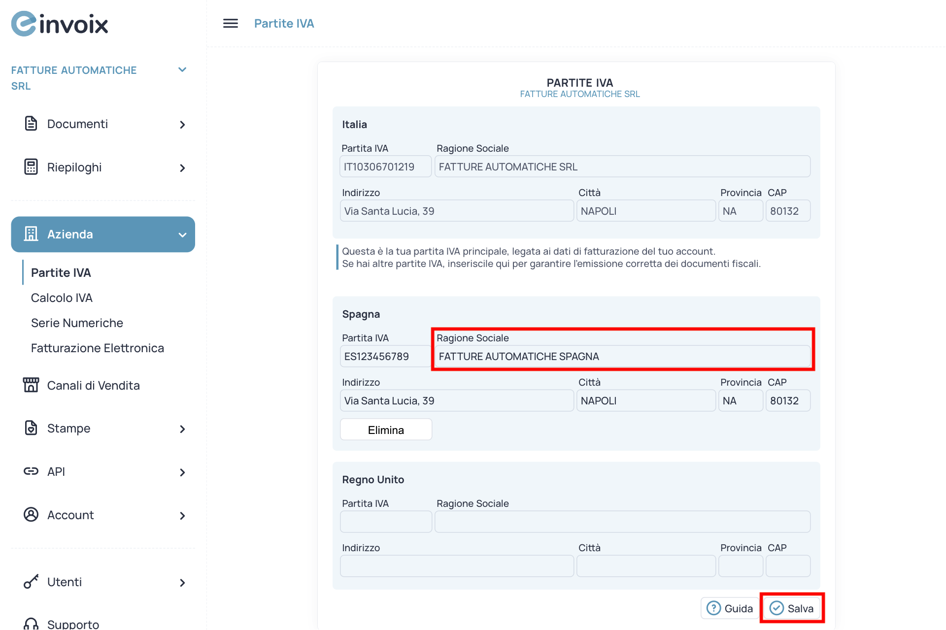 Guida Einvoix | Modifica Partita IVA Europea
